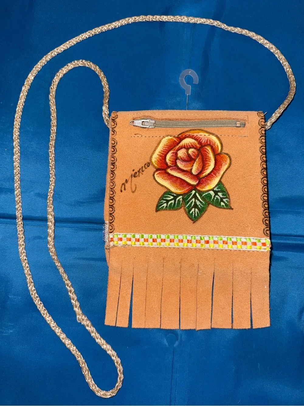 Handcrafted Orange Suede Fringe Crossbody Bag with Floral Design Made in Mexico
